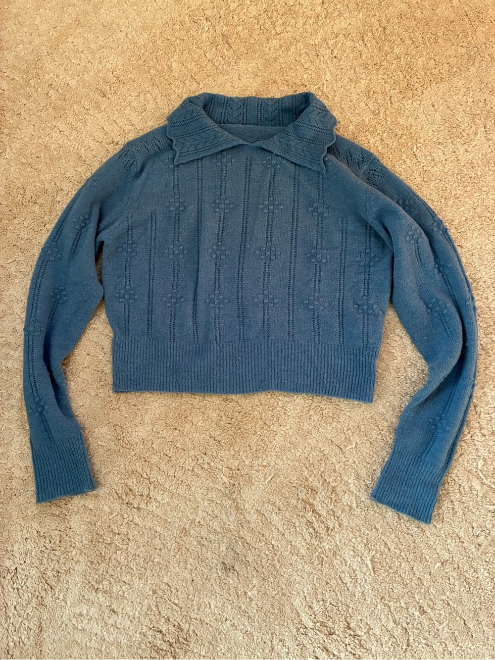 Simple Retro Blue Pointelle Knit Collared Sweater Size S